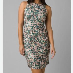 Prana Emerald Lake Dress Floral Halter Athletic Dress Built-in Bra Pockets SZ M